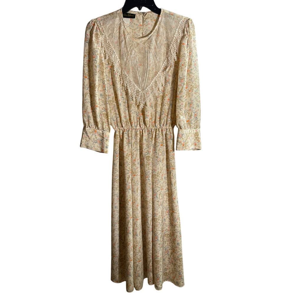 Vintage 1980s Positive Influence Cream Floral Lace Collar Dress Women's Size Sm